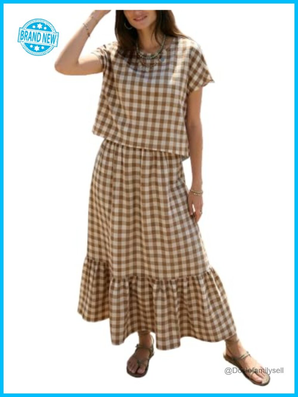 Womens Gingham Two Piece Skirt Set Short Sleeve Tiered Midi Skirt
